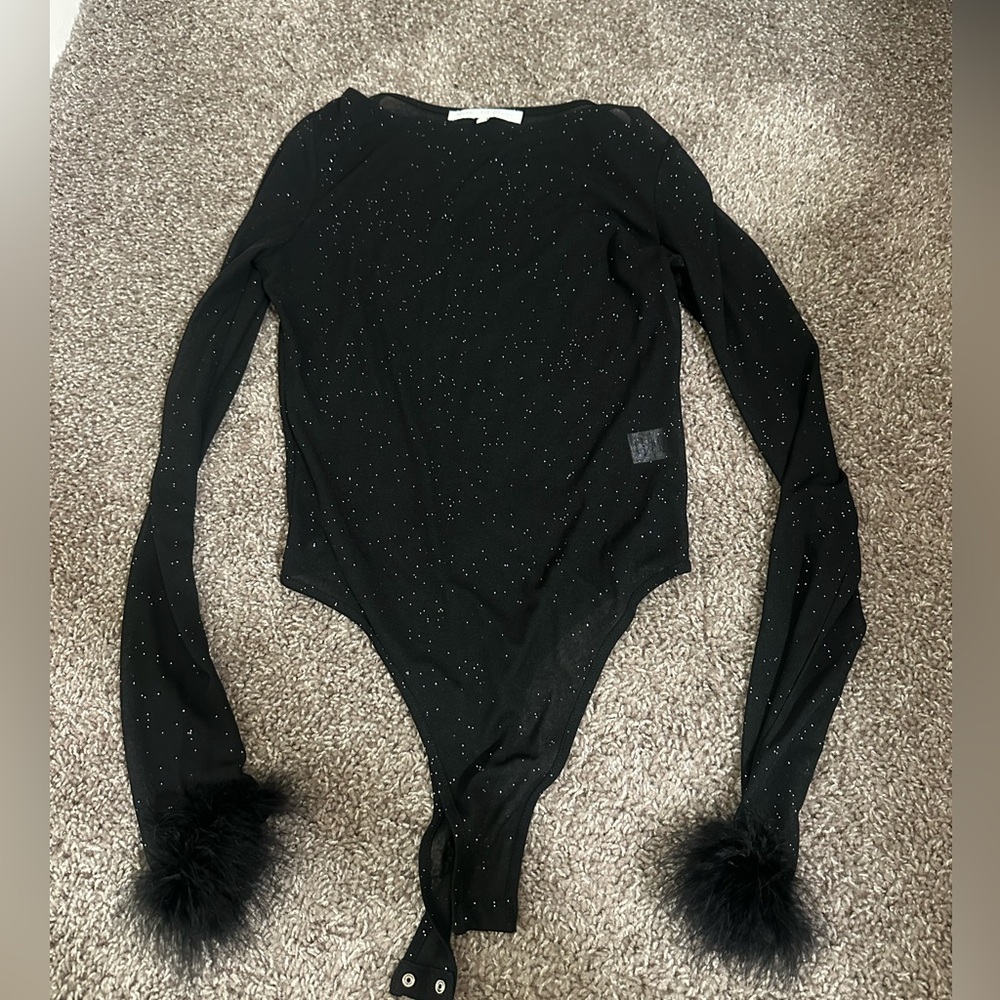 REVOLVE Black Sparkle Long-Sleeve Bodysuit with Feather Cuffs